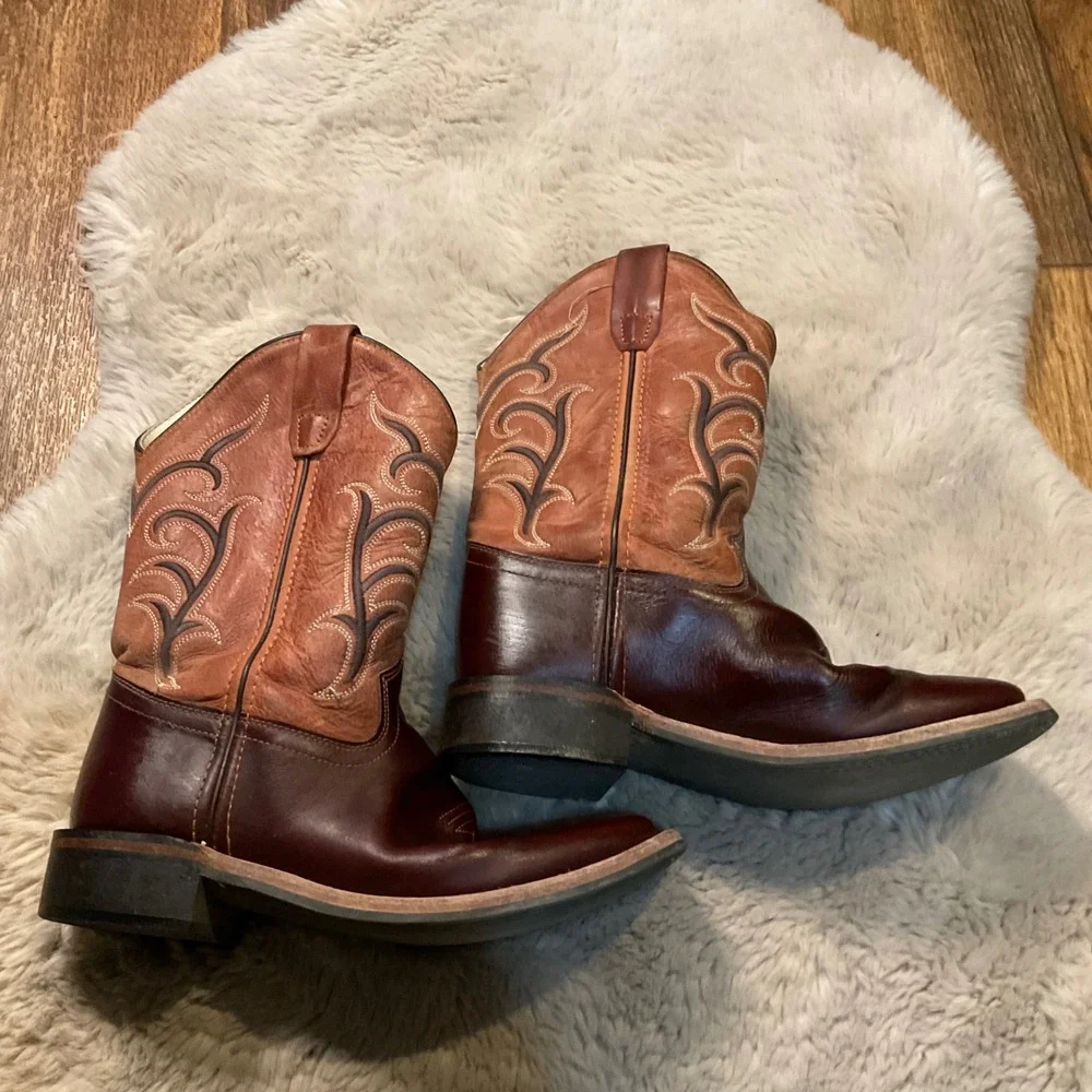 Old West Cowboy‎ Boots Size 3 BSC1859 Square Toe Brown Rust Top